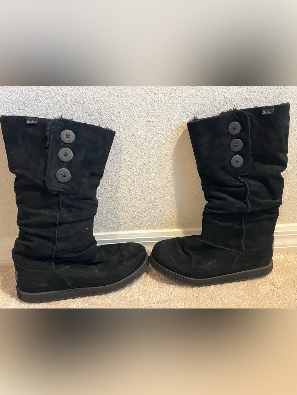 Skechers Keepsake Slouch Boots Black Suede Mid Calf Button Convertible 9